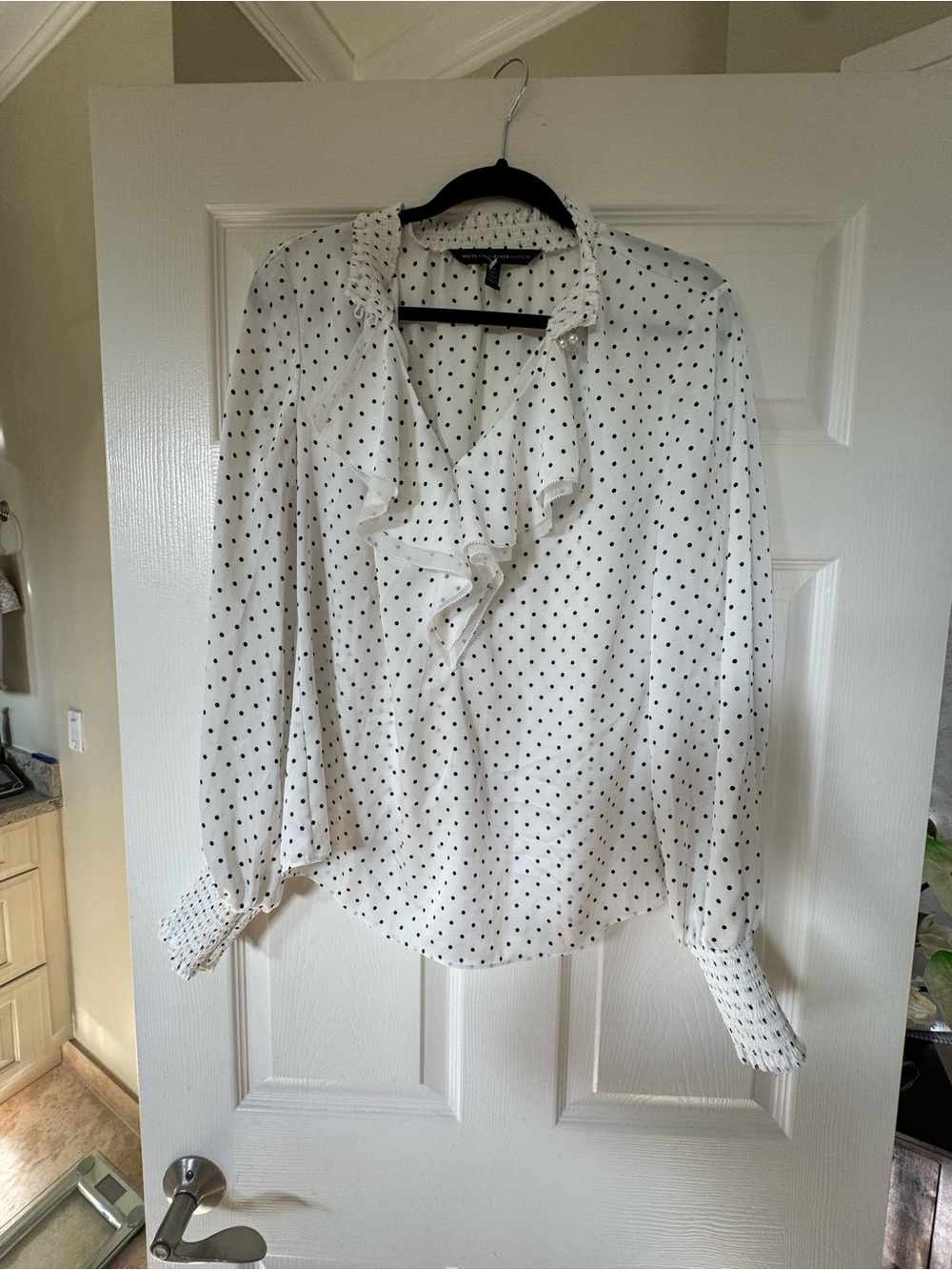 White House Black Market White Blouse with Black Polka Dots and Ruffle Front